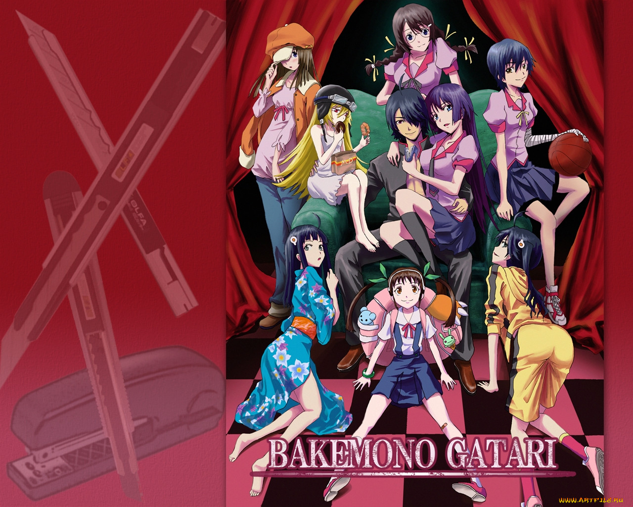 , bakemonogatari, , , , , , , araragi koyomi, araragi karen, araragi tsukihi, sengoku nadeko, hanekawa tsubasa, hachikuji mayoi, kanbaru suruga, oshino shinobu, senjougahara hitagi